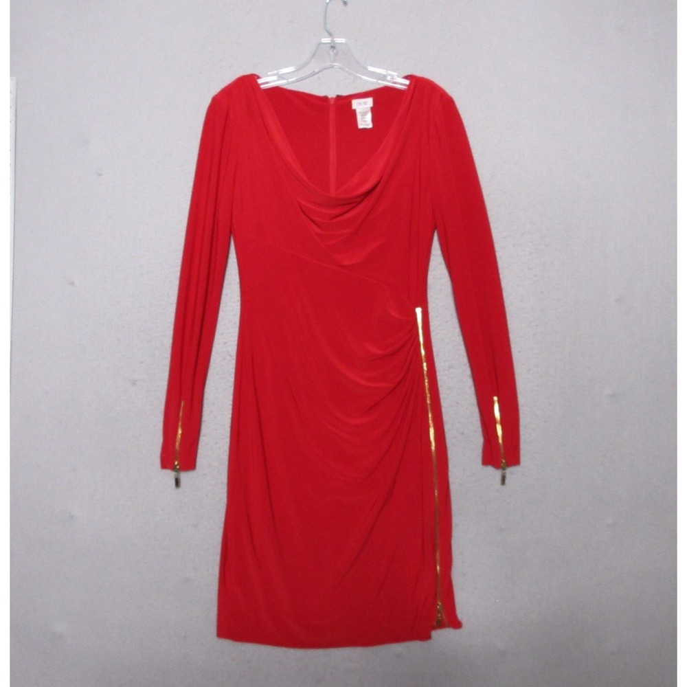 Cache Dress Small Red Cowl Neck Body Con Gold Zipper Ruche Fitted Party‎ Holiday